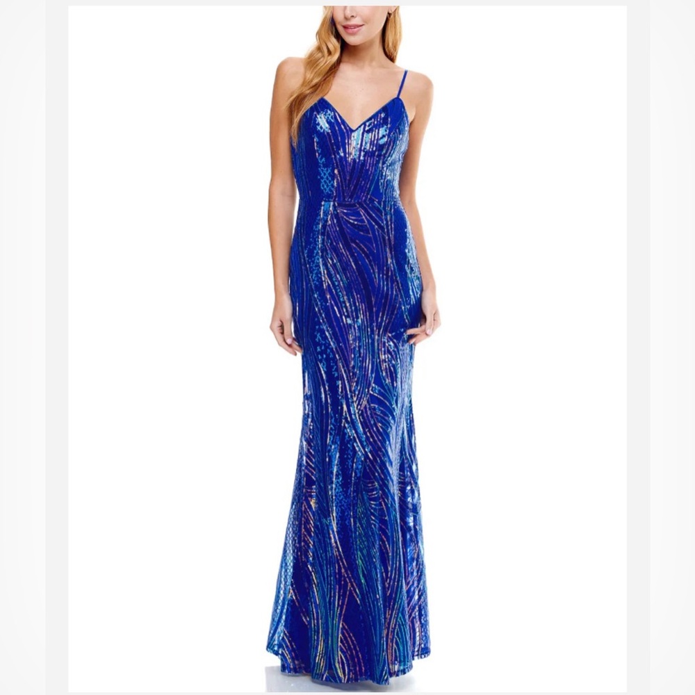 SAY YES TO THE PROM Womens Spaghetti Strap Full-Length Prom Formal Blue Dress 3